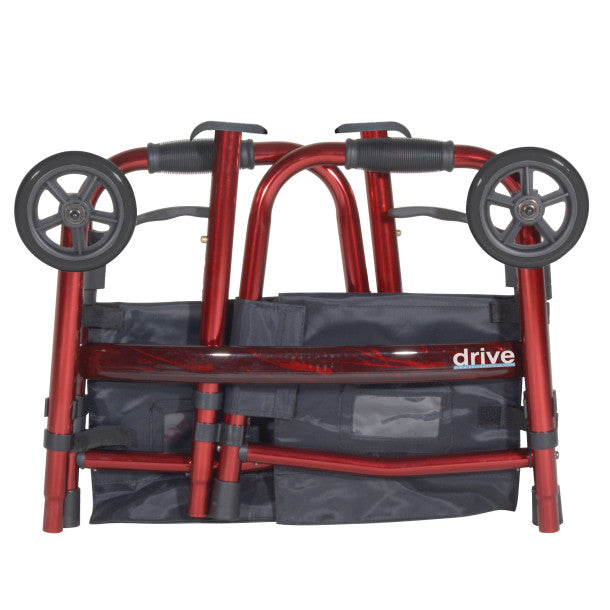 Red walker with wheels and storage bag on a white background