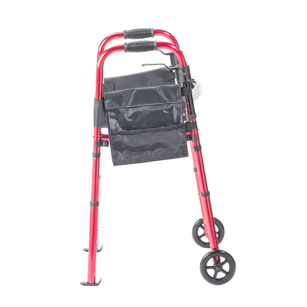Red walker with wheels and a bag on a white background