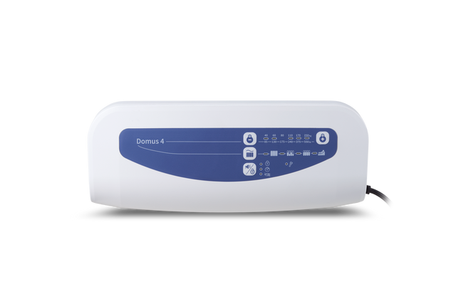 White electronic device with blue display on a white background