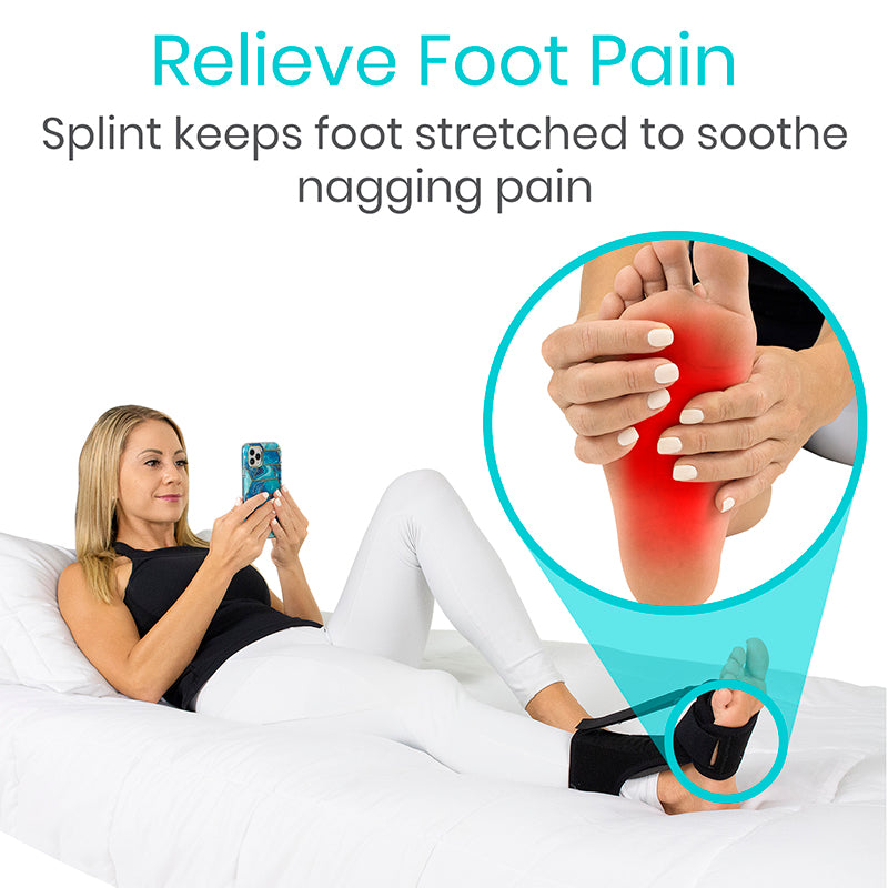 Woman using a foot pain relief splint with text on foot pain relief.