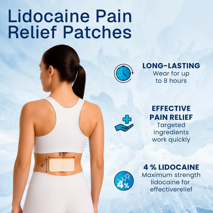 Lidocaine pain relief patch on a woman's back with product features highlighted.