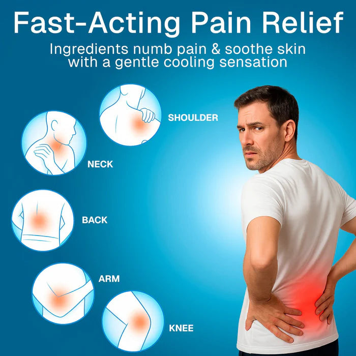 Man with back pain holding his lower back, with illustrations of shoulder, neck, back, arm, and knee pain on a blue background.