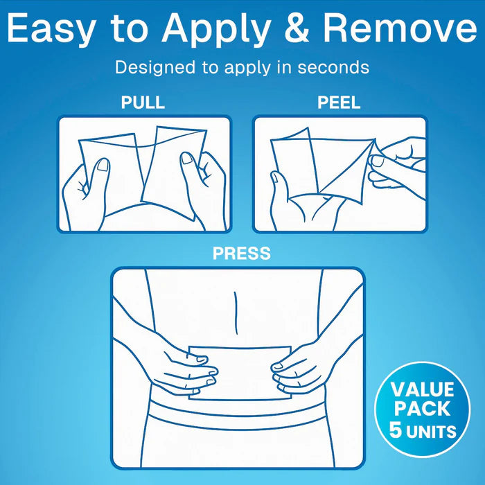 Instructions for applying and removing a product with illustrations of hands and text on a blue background.