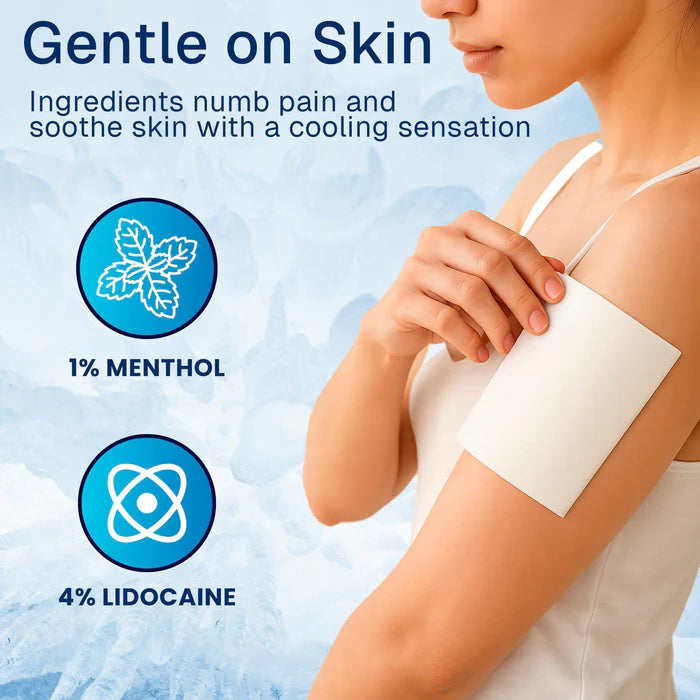 Person applying a cooling patch with menthol and lidocaine on their arm, against a blue background.