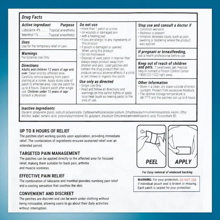 Drug facts label for a topical pain relief patch with text and icons.