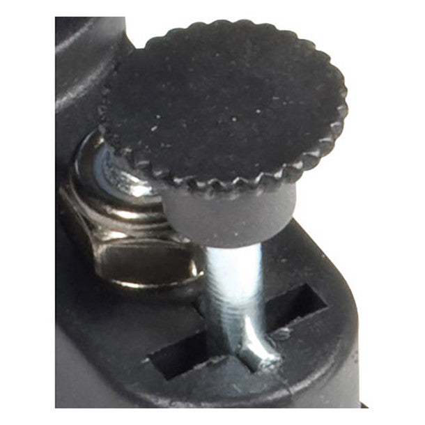 Close-up of a black knob on a metal screw with a white background