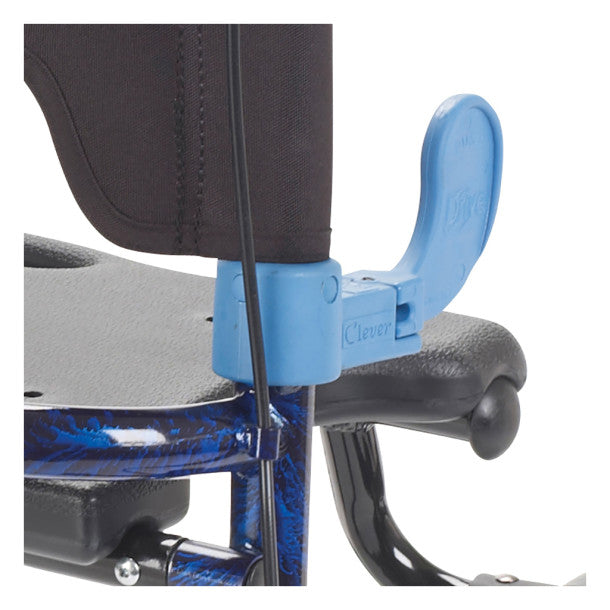 Close-up of a blue chair armrest attachment on a chair with a white background