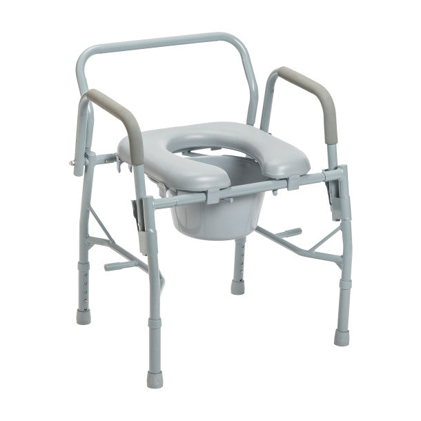 Gray commode chair with adjustable arms on a white background