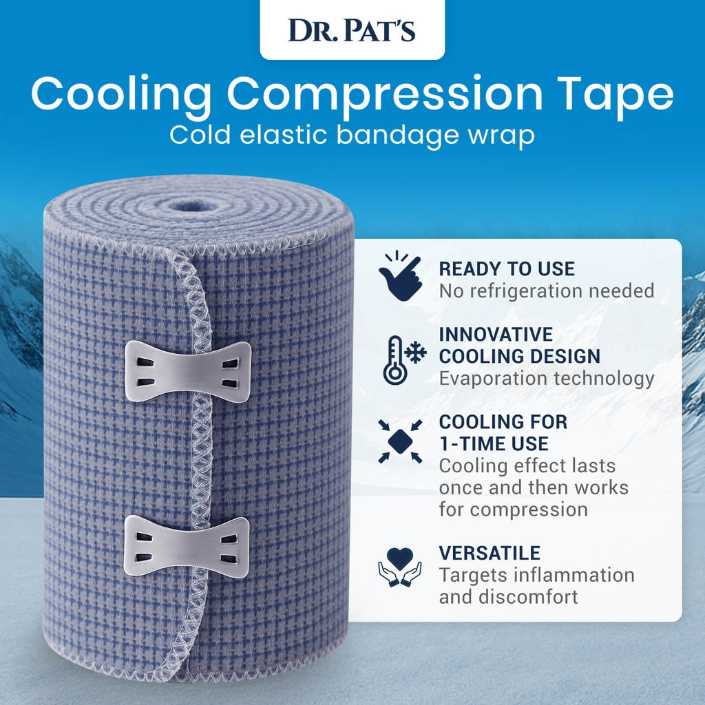 Roll of Dr. Pat's Cooling Compression Tape with features listed on a blue background