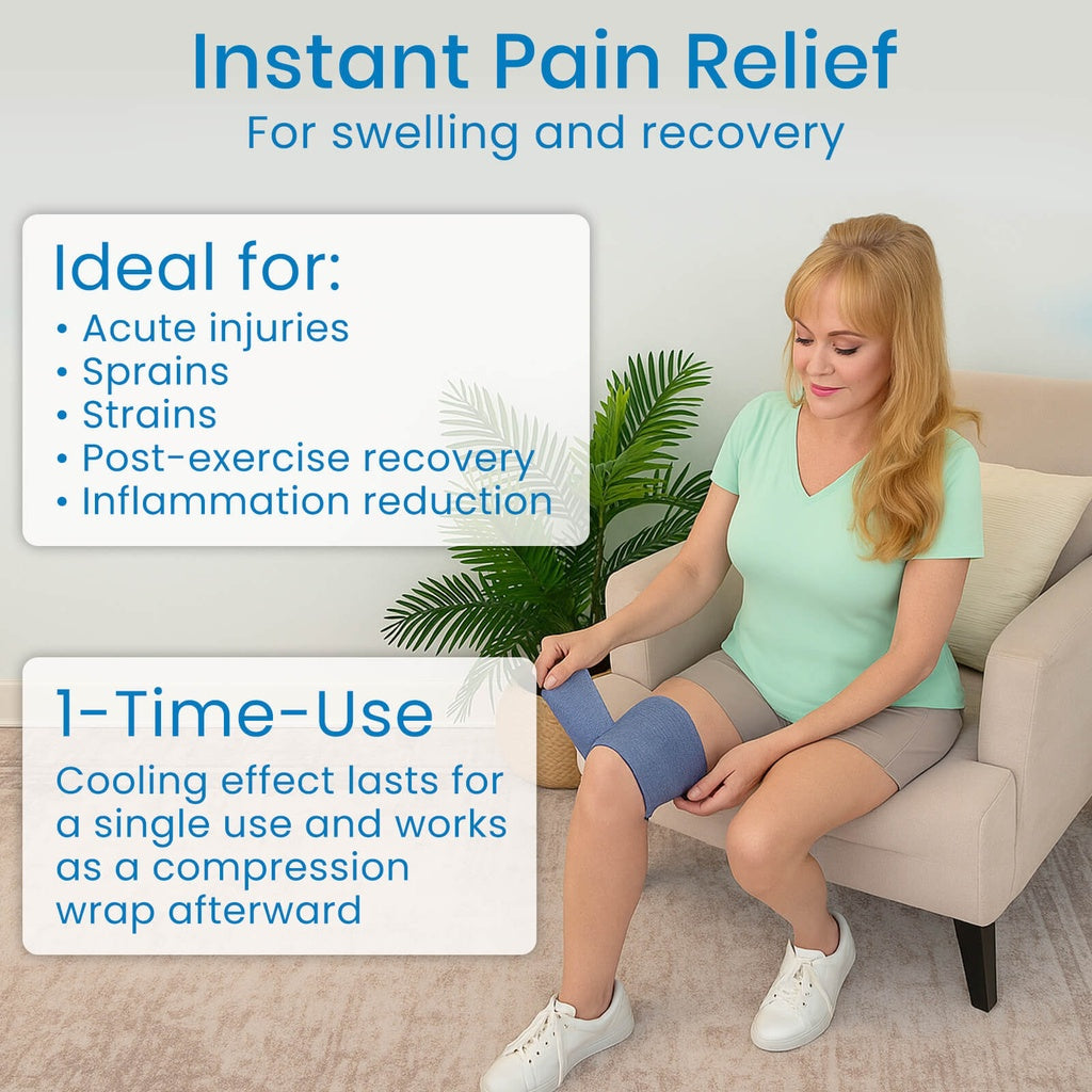 Woman applying a cooling wrap to her knee with text about instant pain relief and product features.