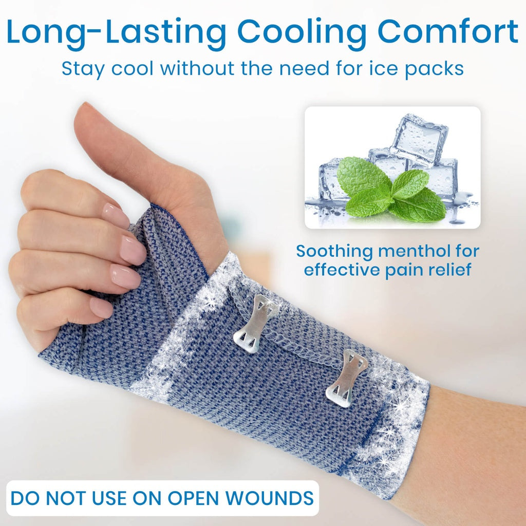 Hand wearing a blue cooling cloth with text about long-lasting comfort and soothing menthol.