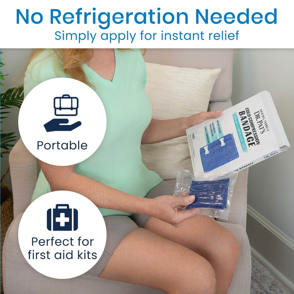 Woman holding a package of Dr. Fox Bandaids with text indicating no refrigeration needed and suitability for first aid kits.