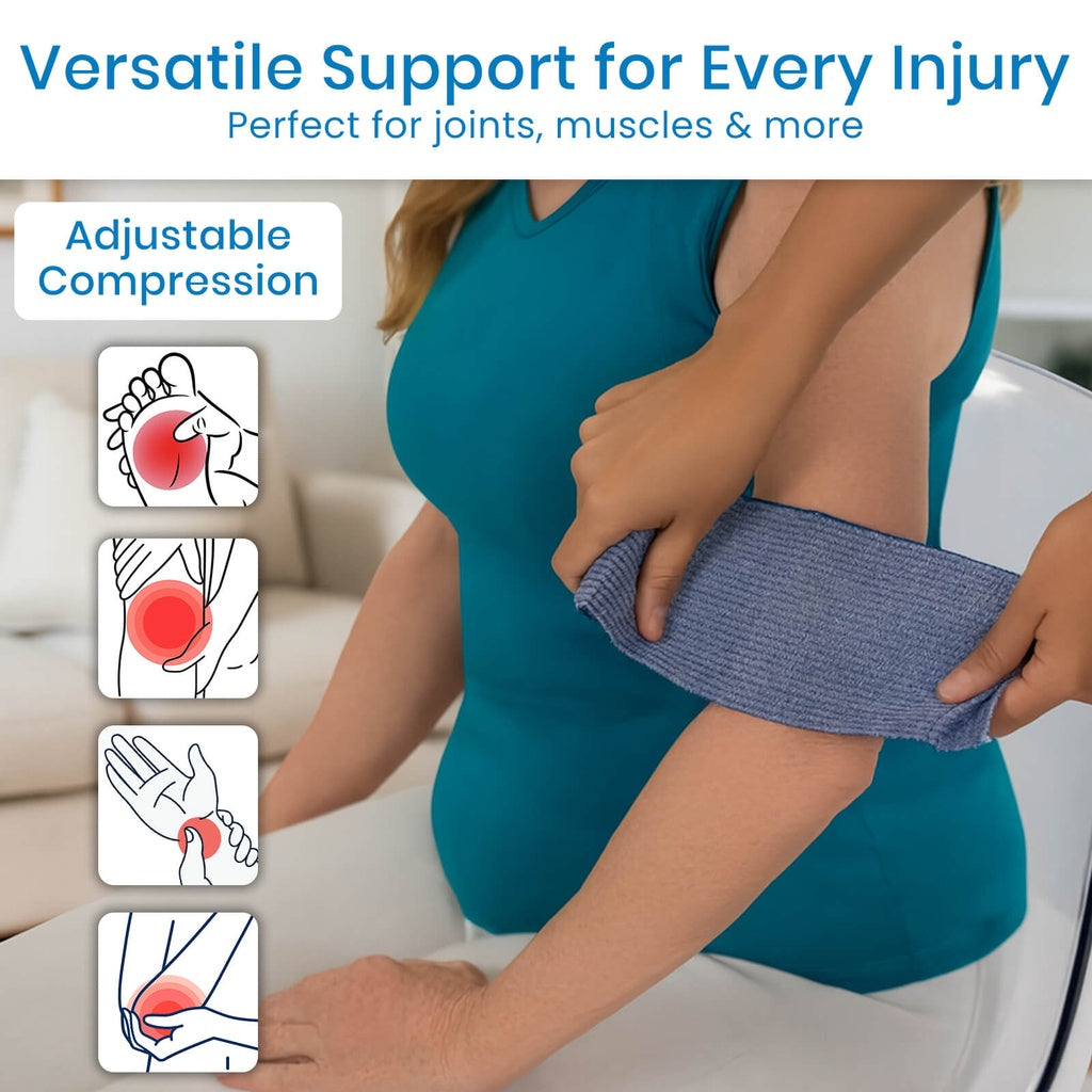 Person wearing a blue compression wrap on their arm with text about adjustable compression for injuries.