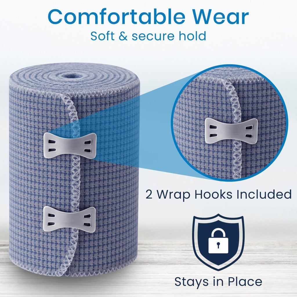 Roll of medical tape with wrap hooks and text highlighting features on a white background