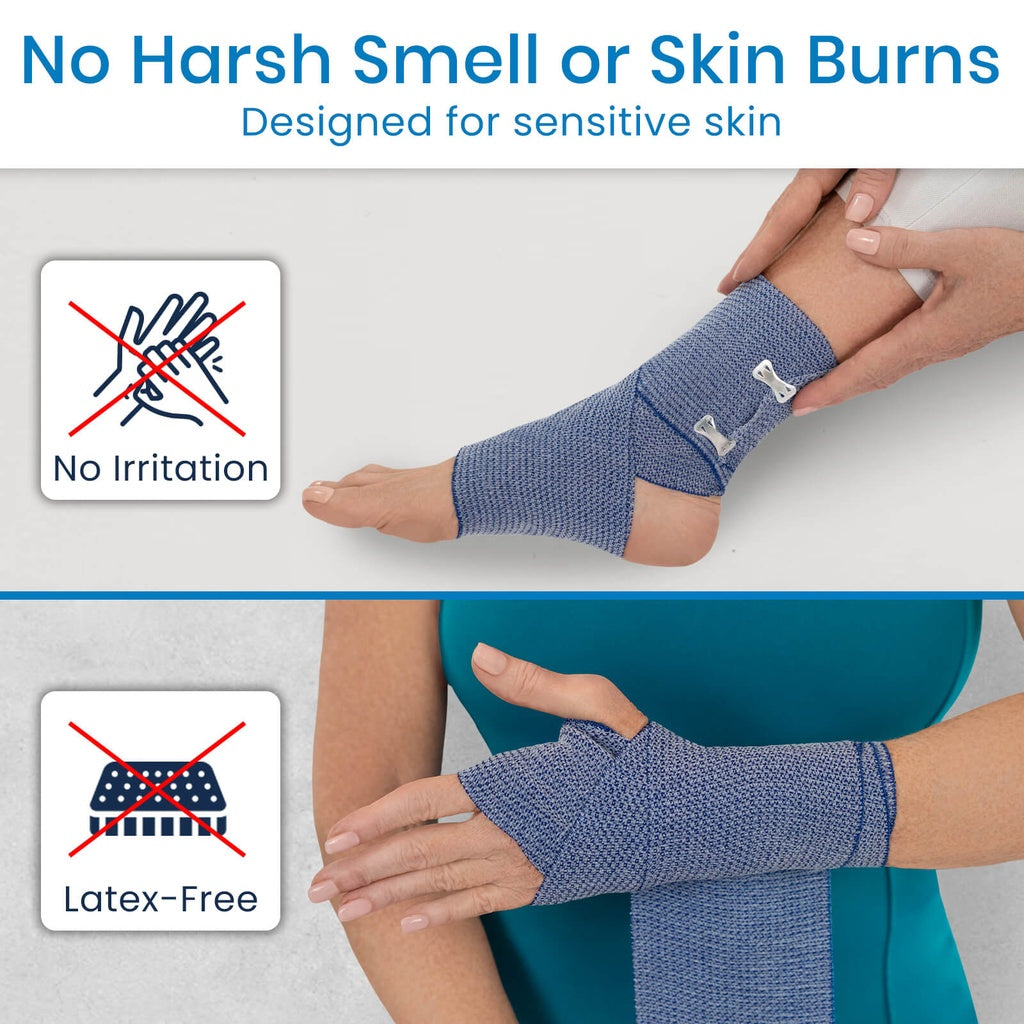 Text and images of a person wearing a blue compression glove with features highlighted.