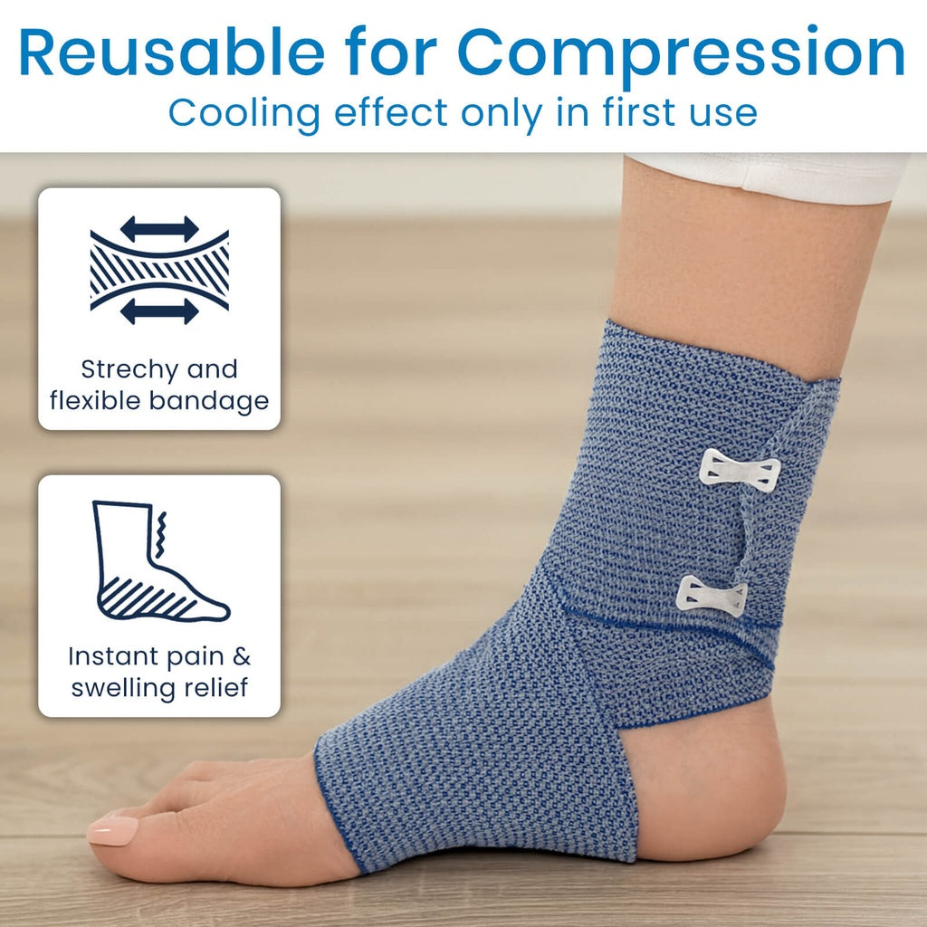 Blue compression bandage on a foot with text about its features and benefits.