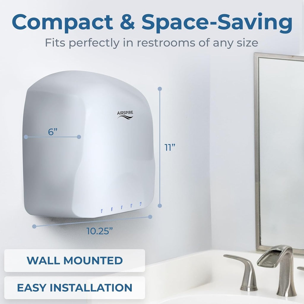 Compact wall-mounted hand dryer with dimensions and text about space-saving design in a bathroom setting.