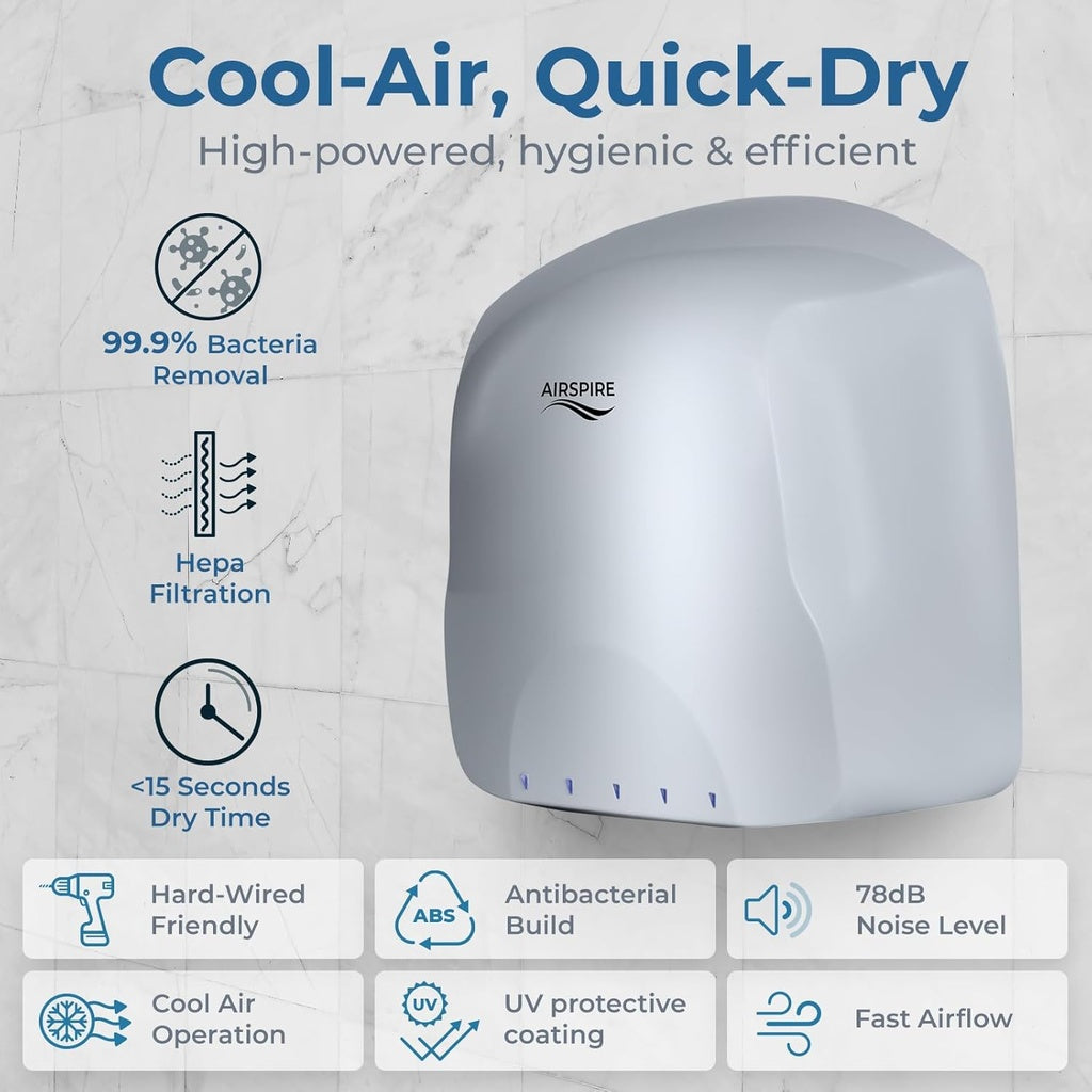 Hand dryer with features listed on a gray background