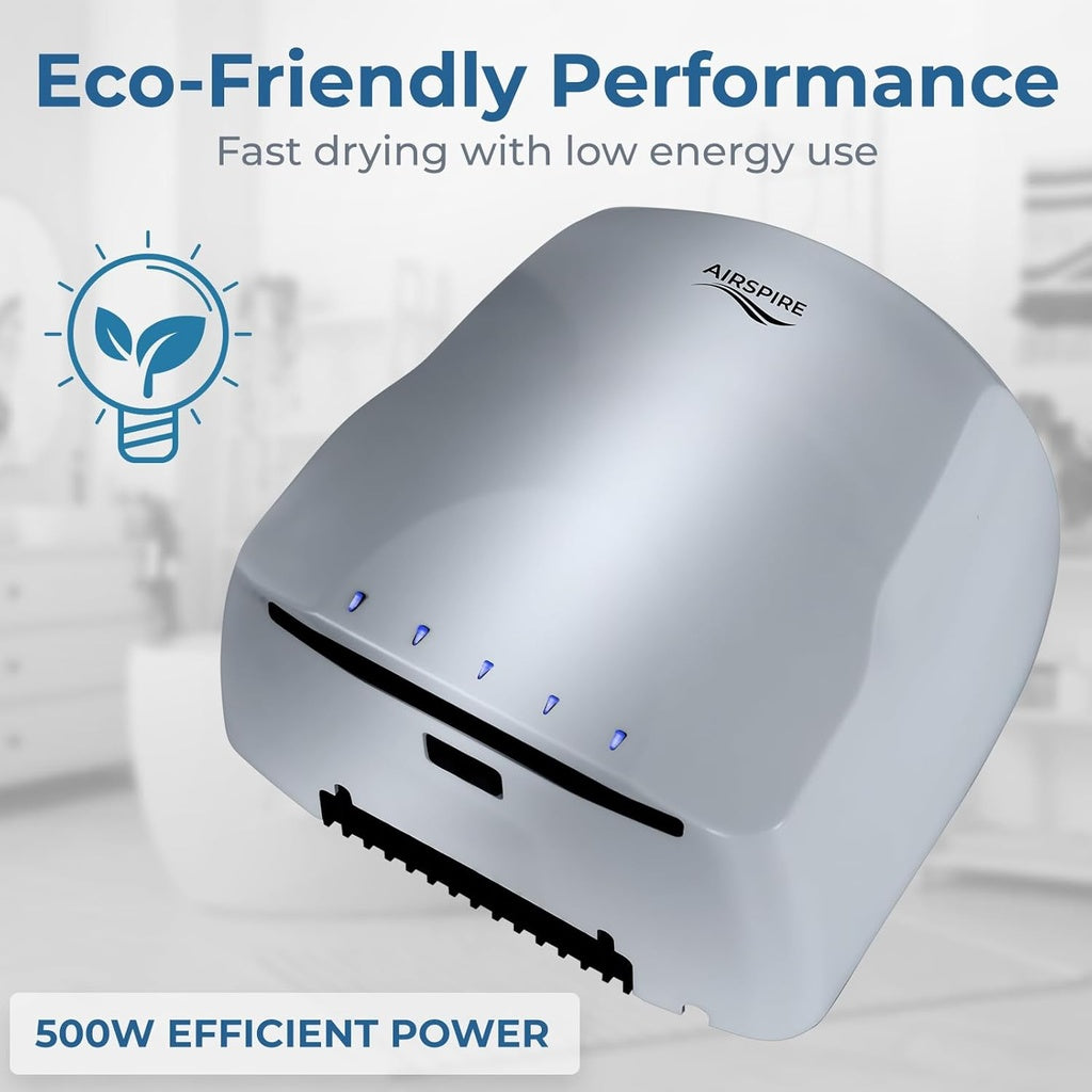 Hand dryer with 'Airspeed' branding and eco-friendly performance text on a blurred background