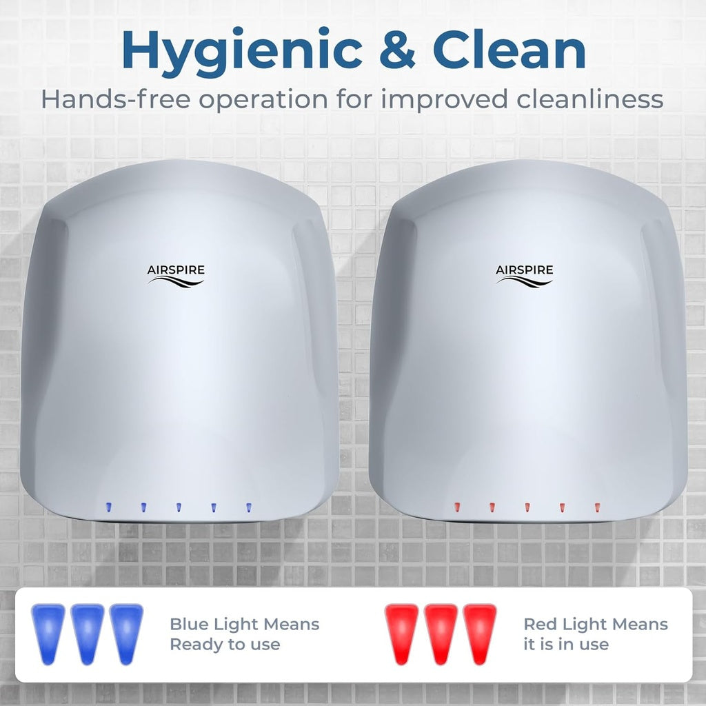 Two air dryers with 'Airspire' branding on a tiled wall background, highlighting hands-free operation.