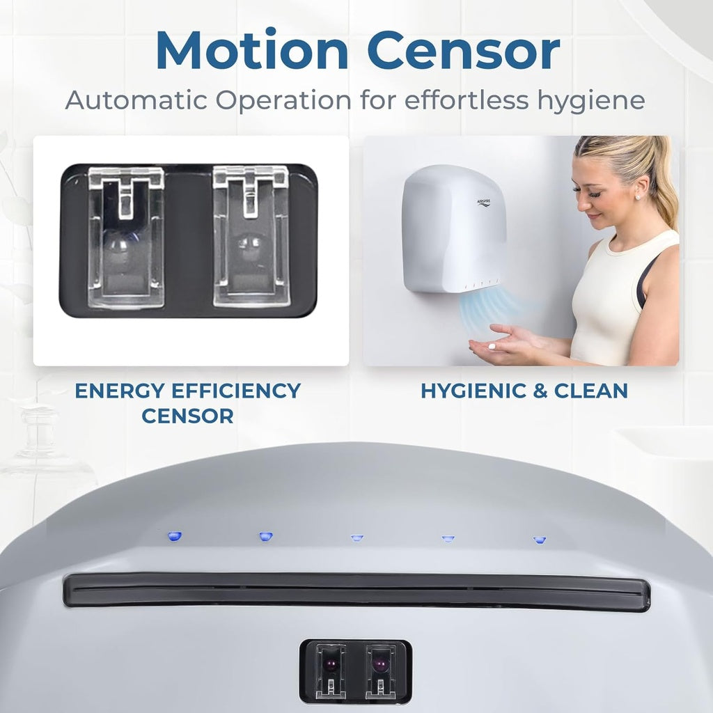 Hand dryer with motion sensor technology, labeled for energy efficiency and hygiene.