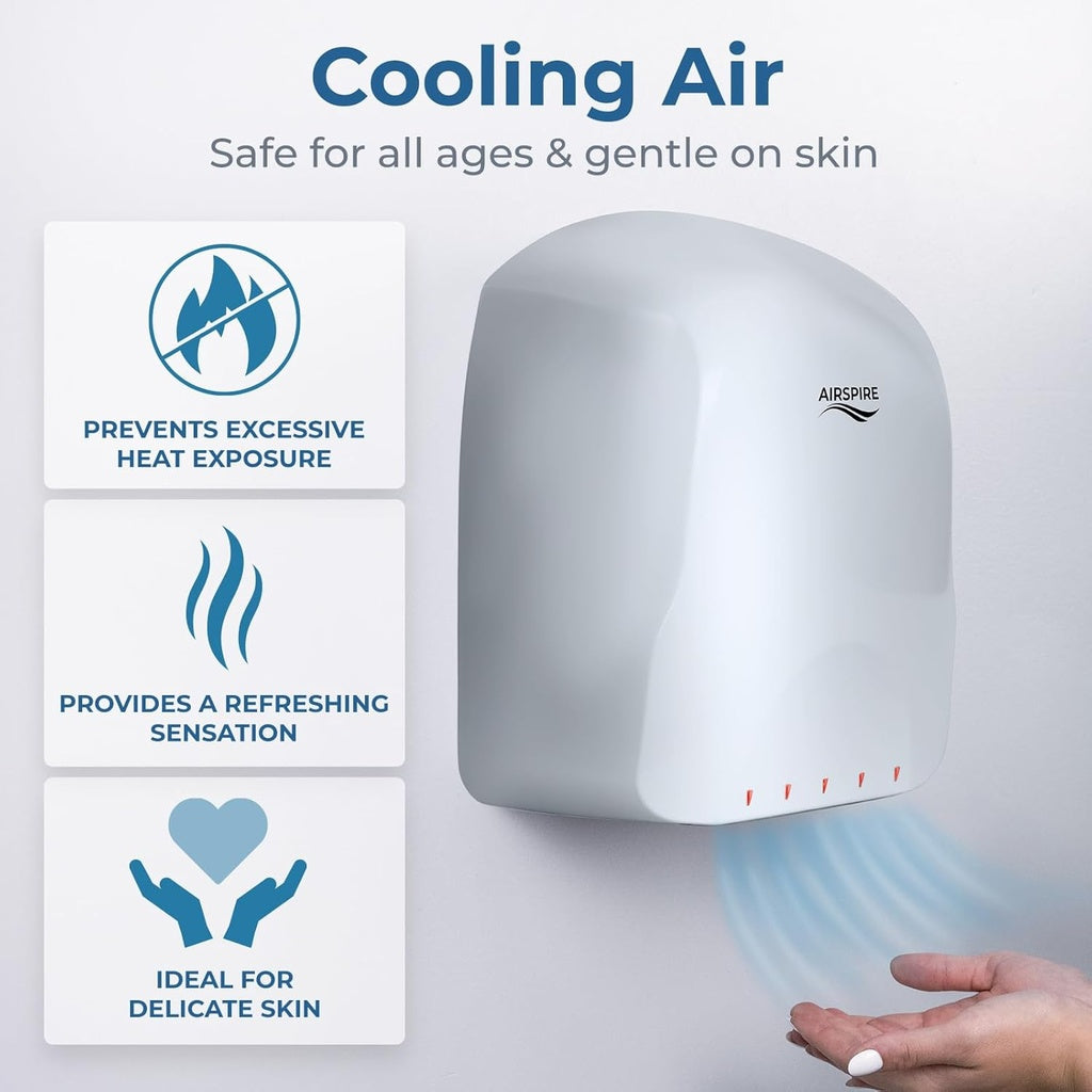 Hand dryer with features listed on a white background