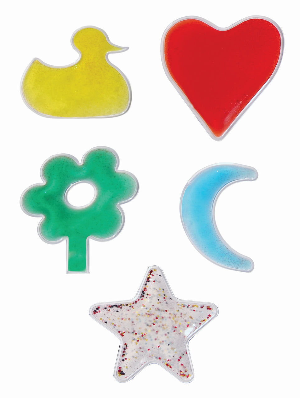 Set of colorful plastic shapes including a duck, heart, flower, moon, and star on a white background.
