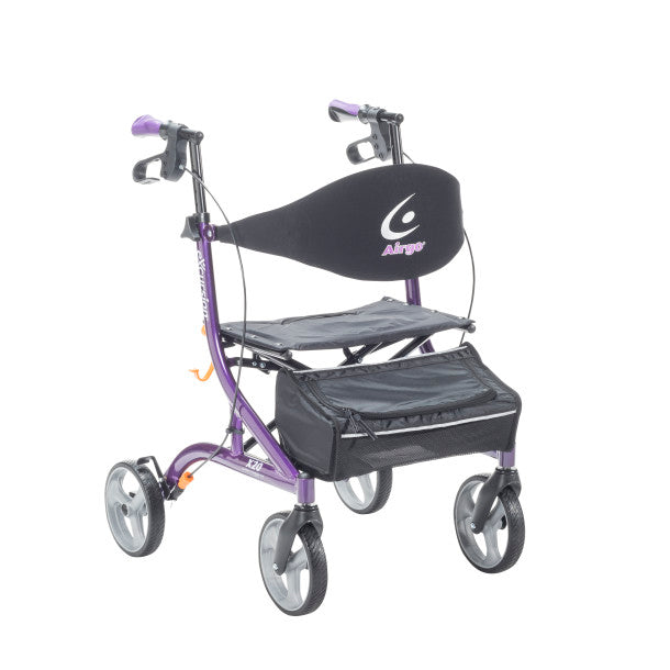 Purple walker with a black seat and backrest on a white background