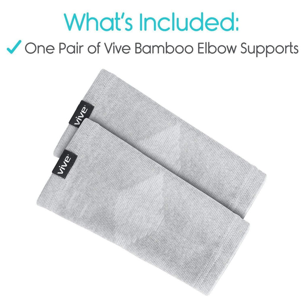 Two gray Vive bamboo elbow supports on a white background with text indicating what's included.