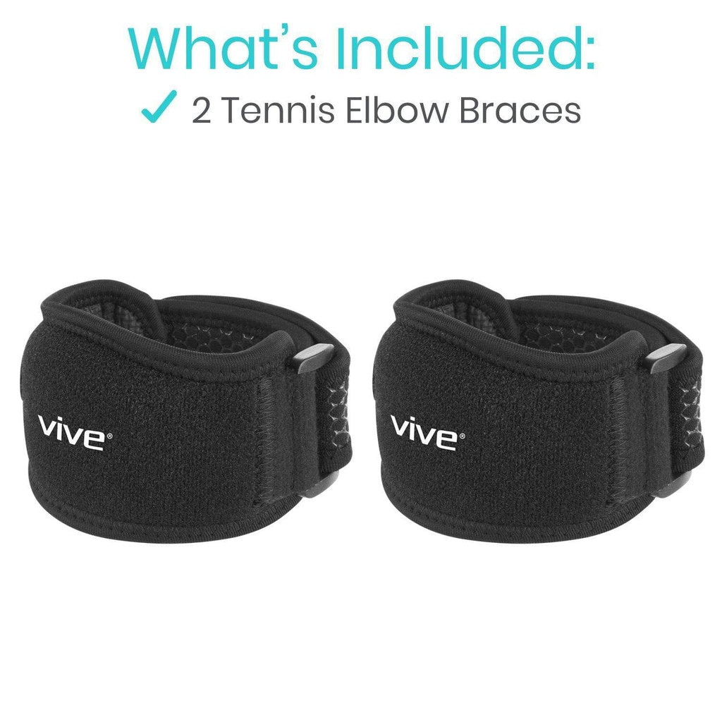 Two black tennis elbow braces with 'Vive' branding on a white background.