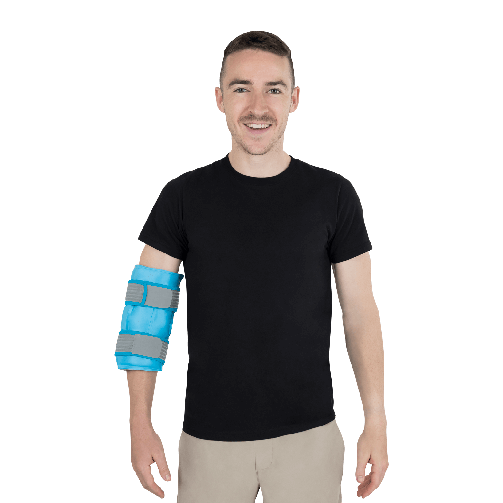 man wearing elbow ice pack
