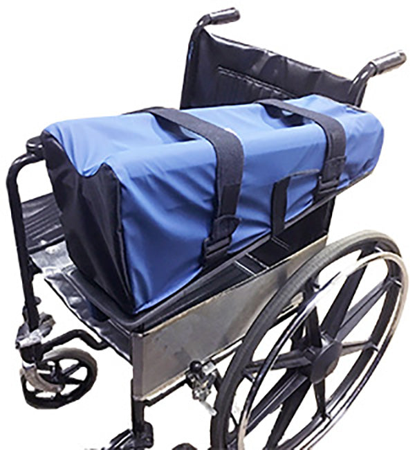 Wheelchair with a blue bag attached to it on a white background