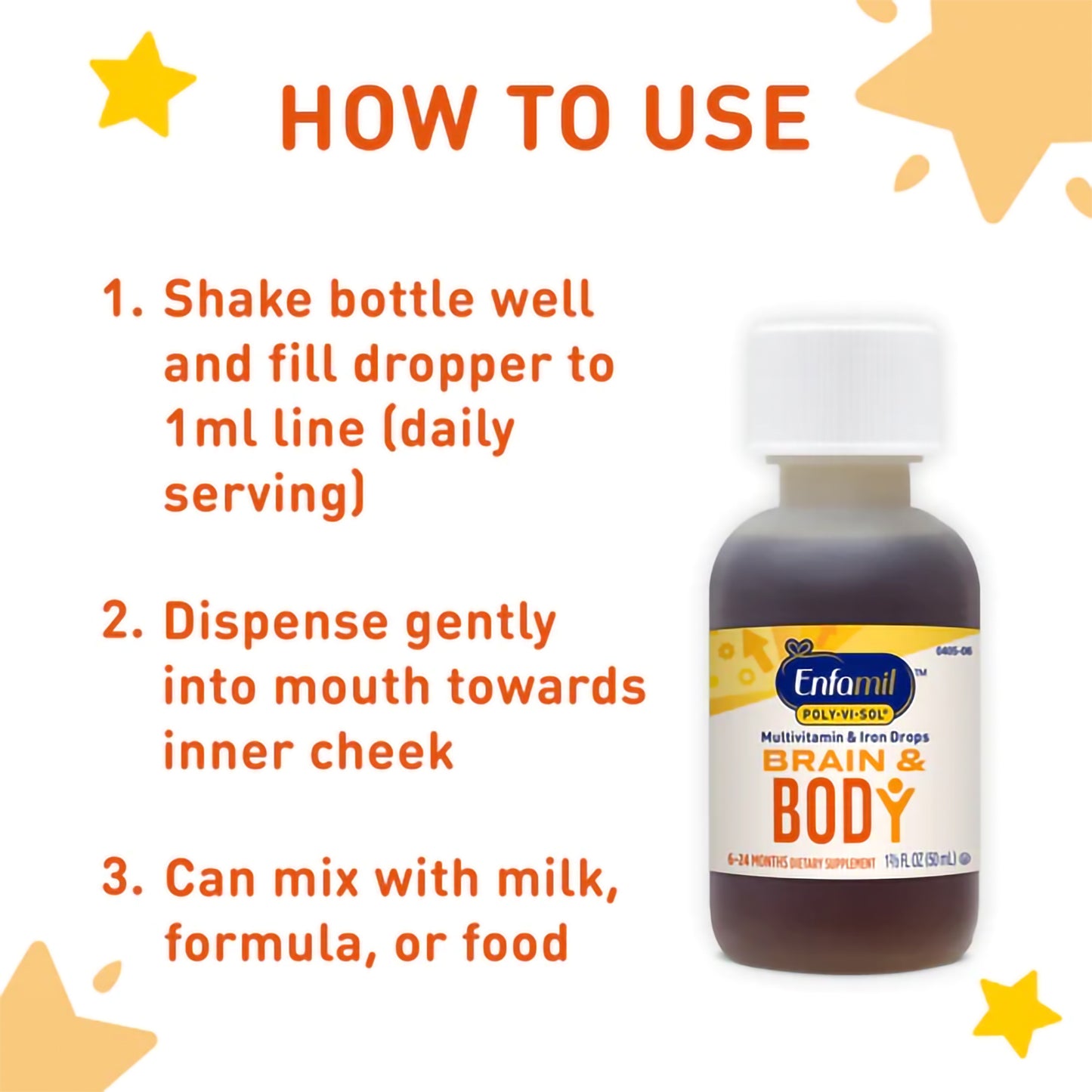 Enfamil Brain & Body supplement bottle with usage instructions on a white background