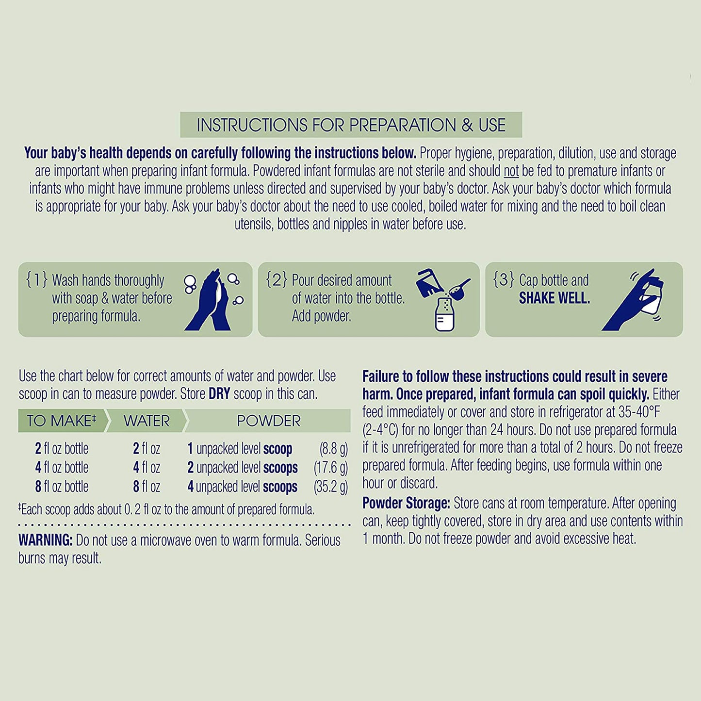 Instructions for preparing and using infant formula on a white background