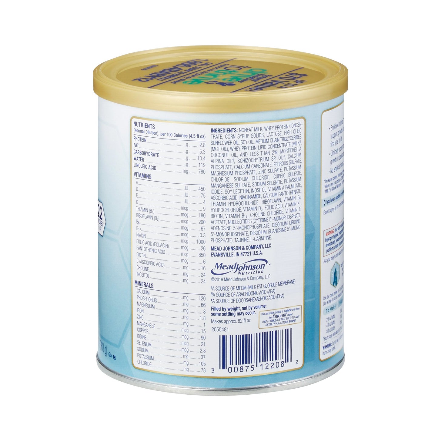 Back view of a Mead Johnson baby formula can with nutritional information.