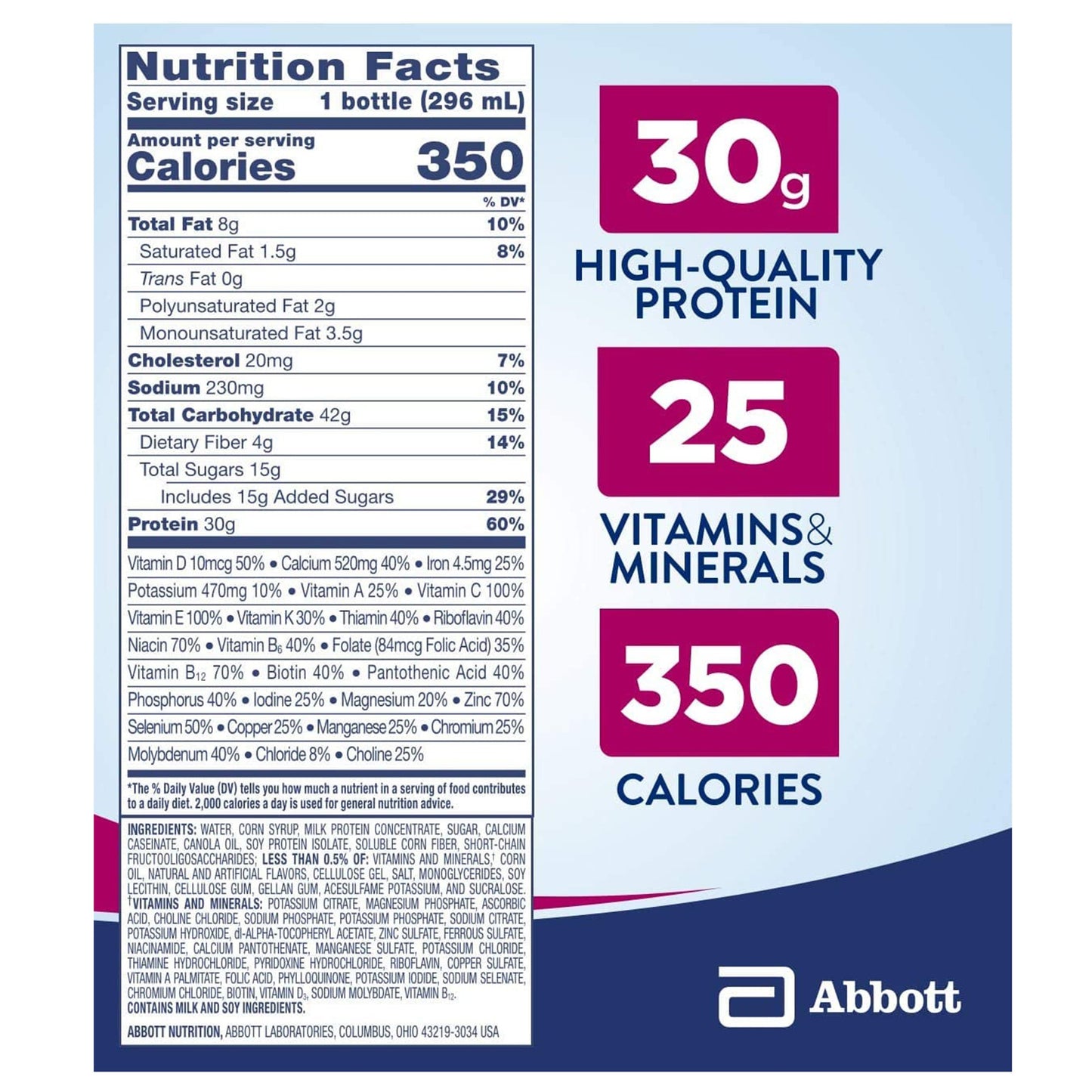 Nutrition facts label for a product with Abbott branding on a blue background