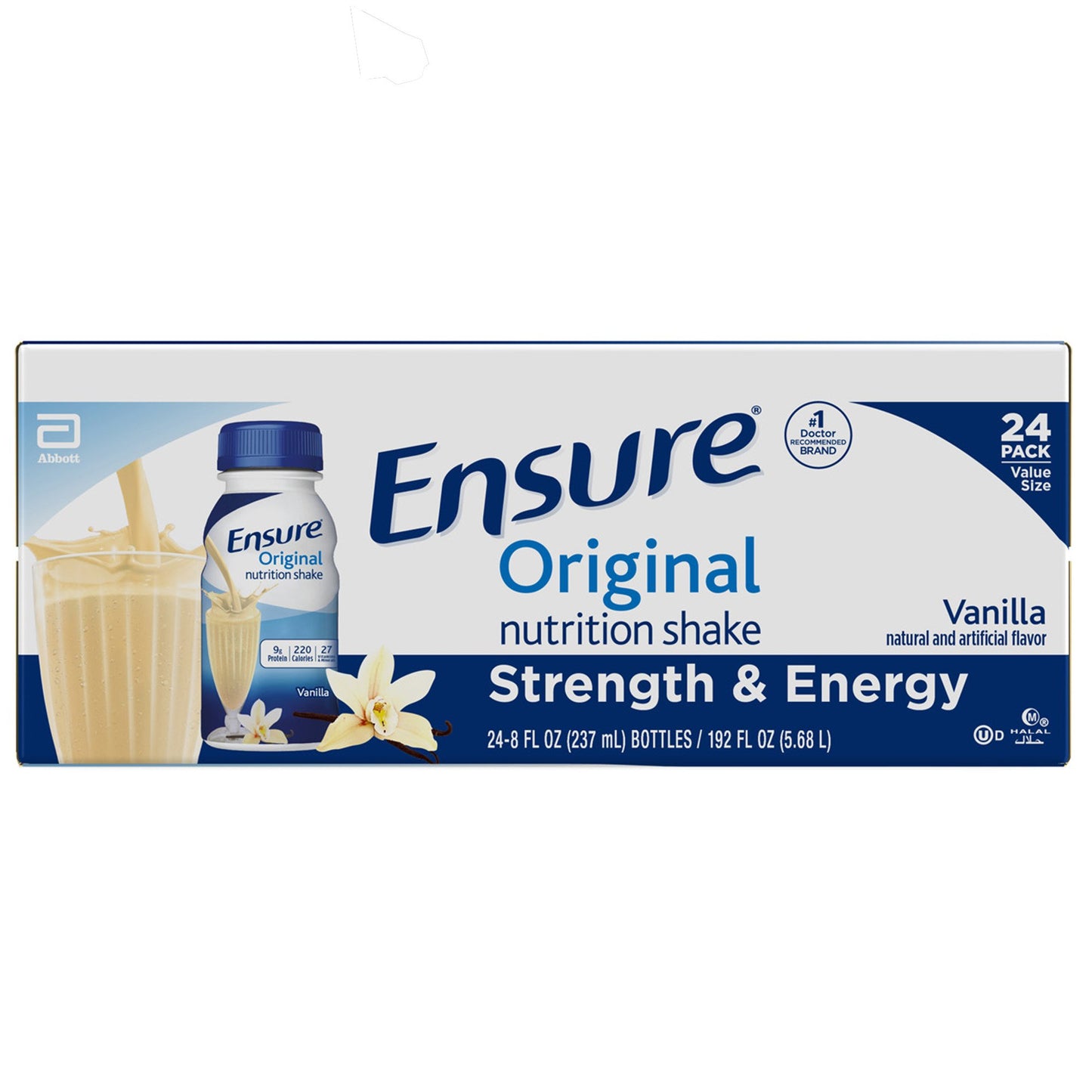 Box of Ensure Original nutrition shake in vanilla flavor on a white background