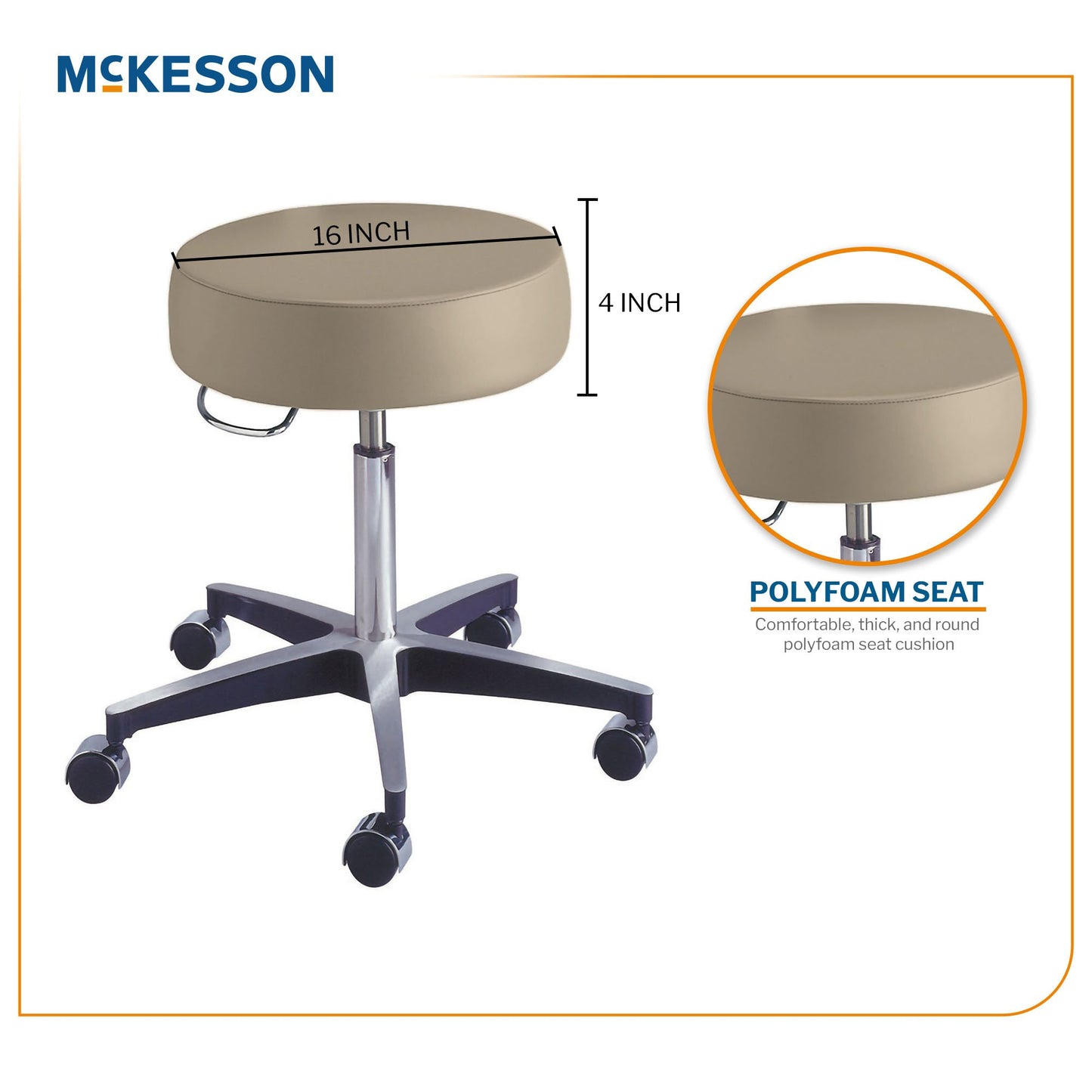 Beige stool with wheels and McKesson branding, featuring dimensions and polyfoam seat information.