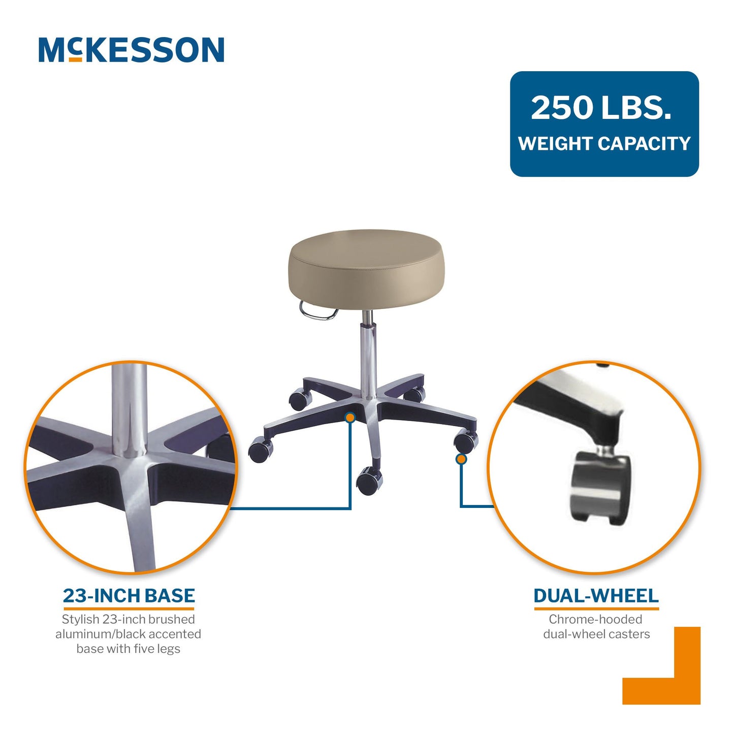 Stool with McKesson branding and specifications on weight capacity, base size, and caster design.