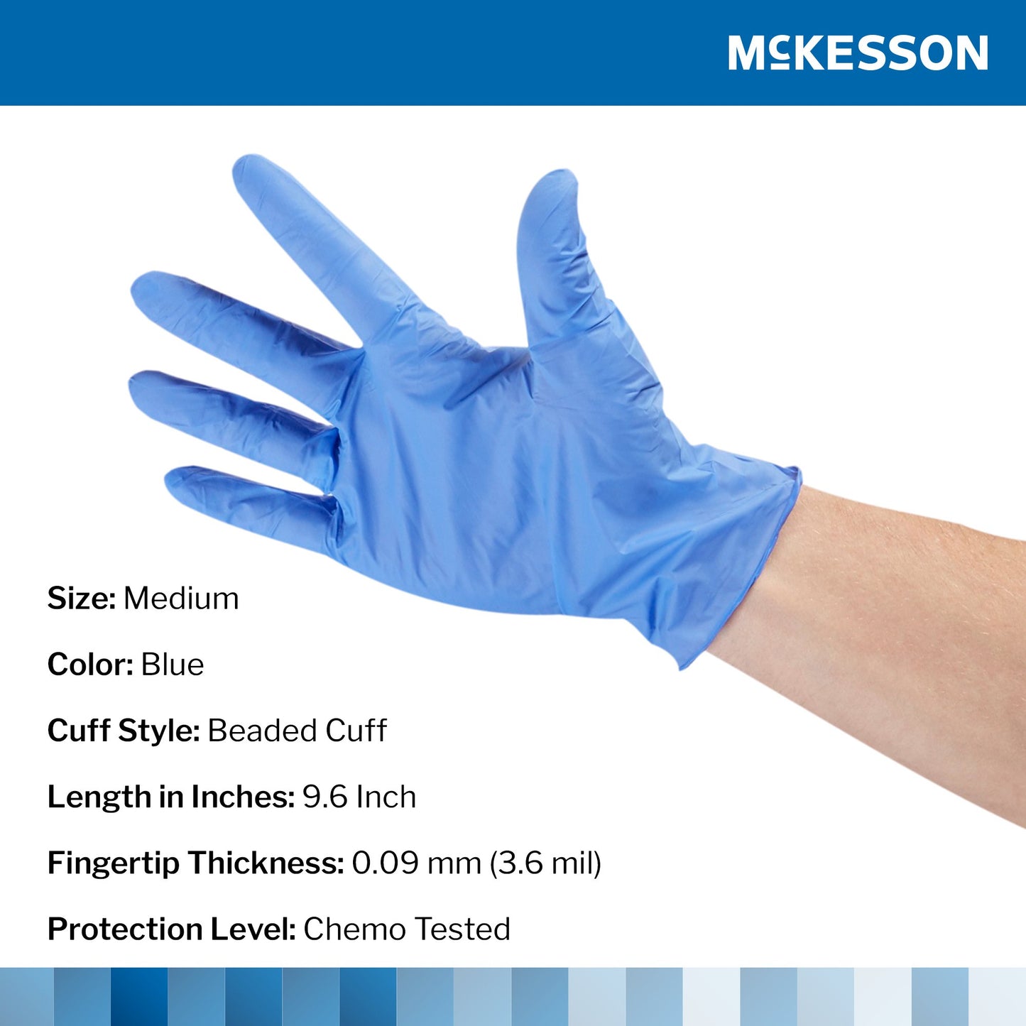 Blue medical glove with McKesson branding on a white background