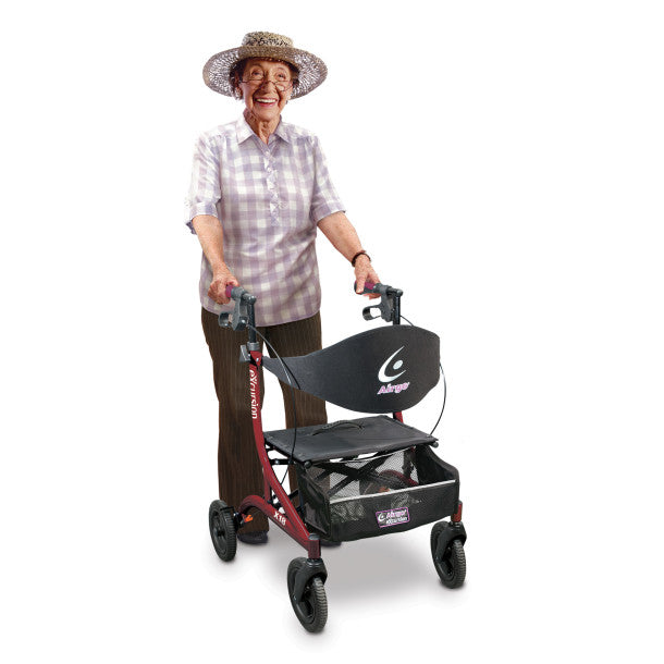 Woman using a walker with a white background