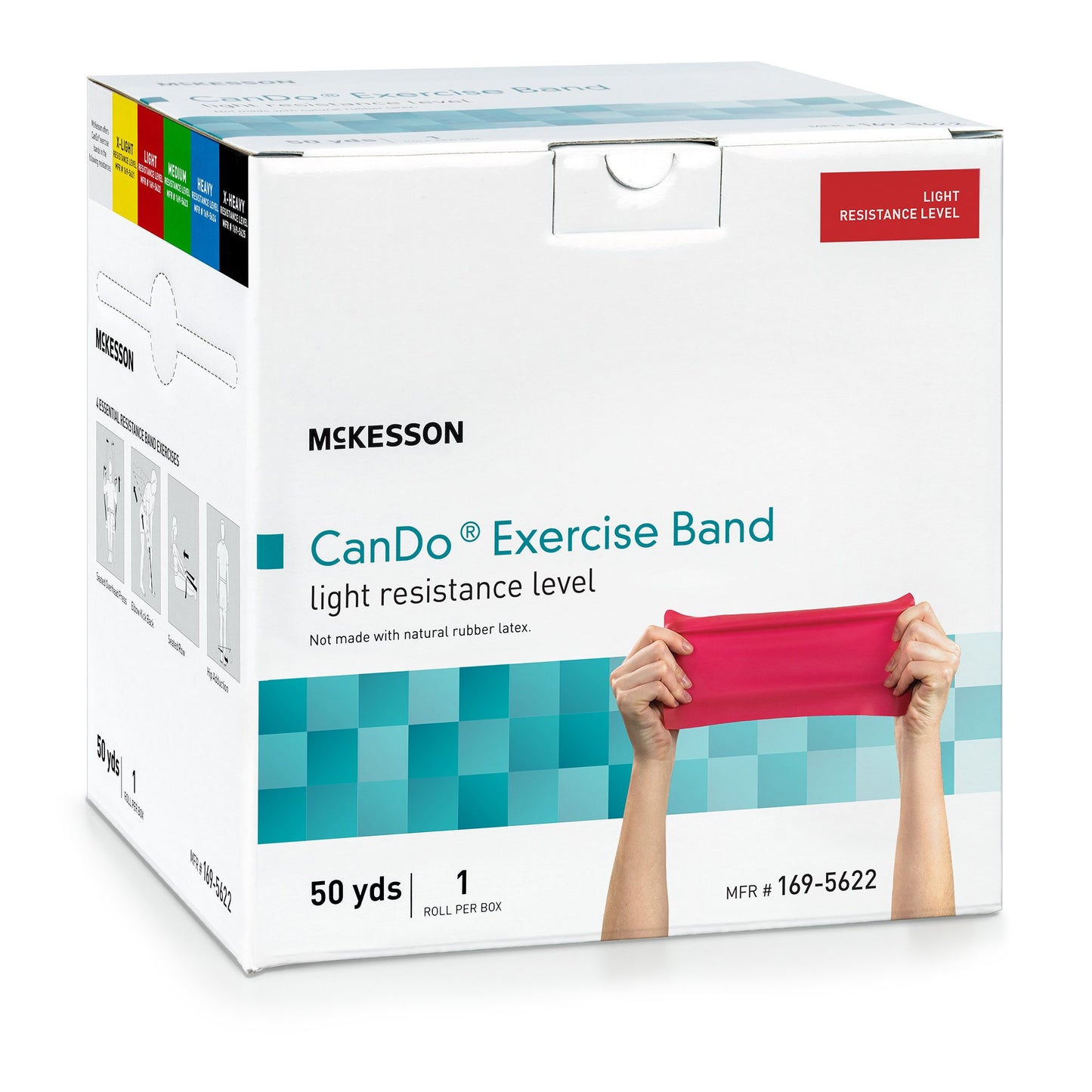 Mckesson CanDo Exercise Band packaging with a pink band held by hands on a white background