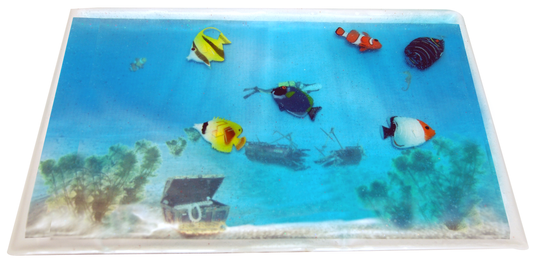 Decorative mat with an underwater scene featuring fish and a treasure chest.