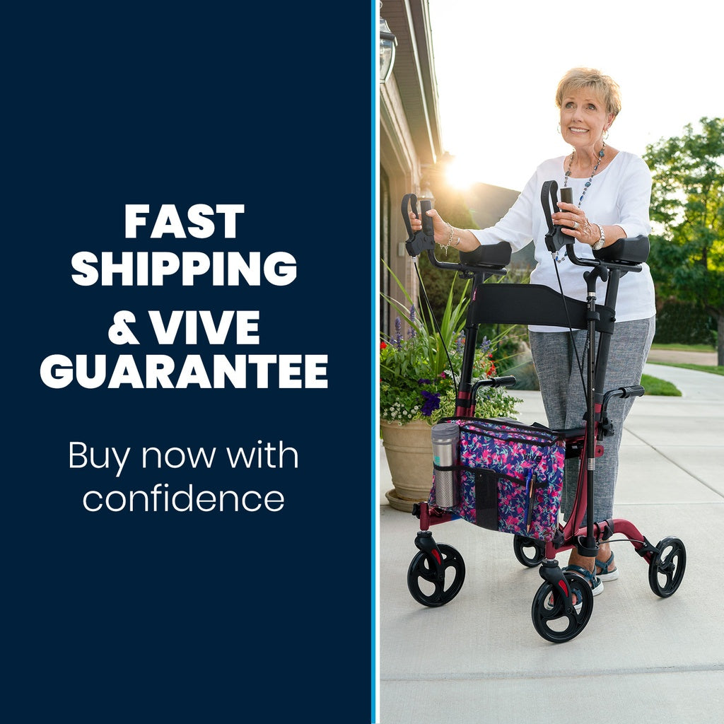 Woman using a walker with a cart, promotional text for fast shipping and guarantee.