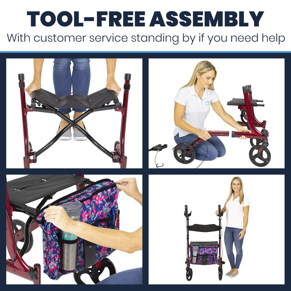 Collage of a person assembling a walker with text about tool-free assembly and customer service.