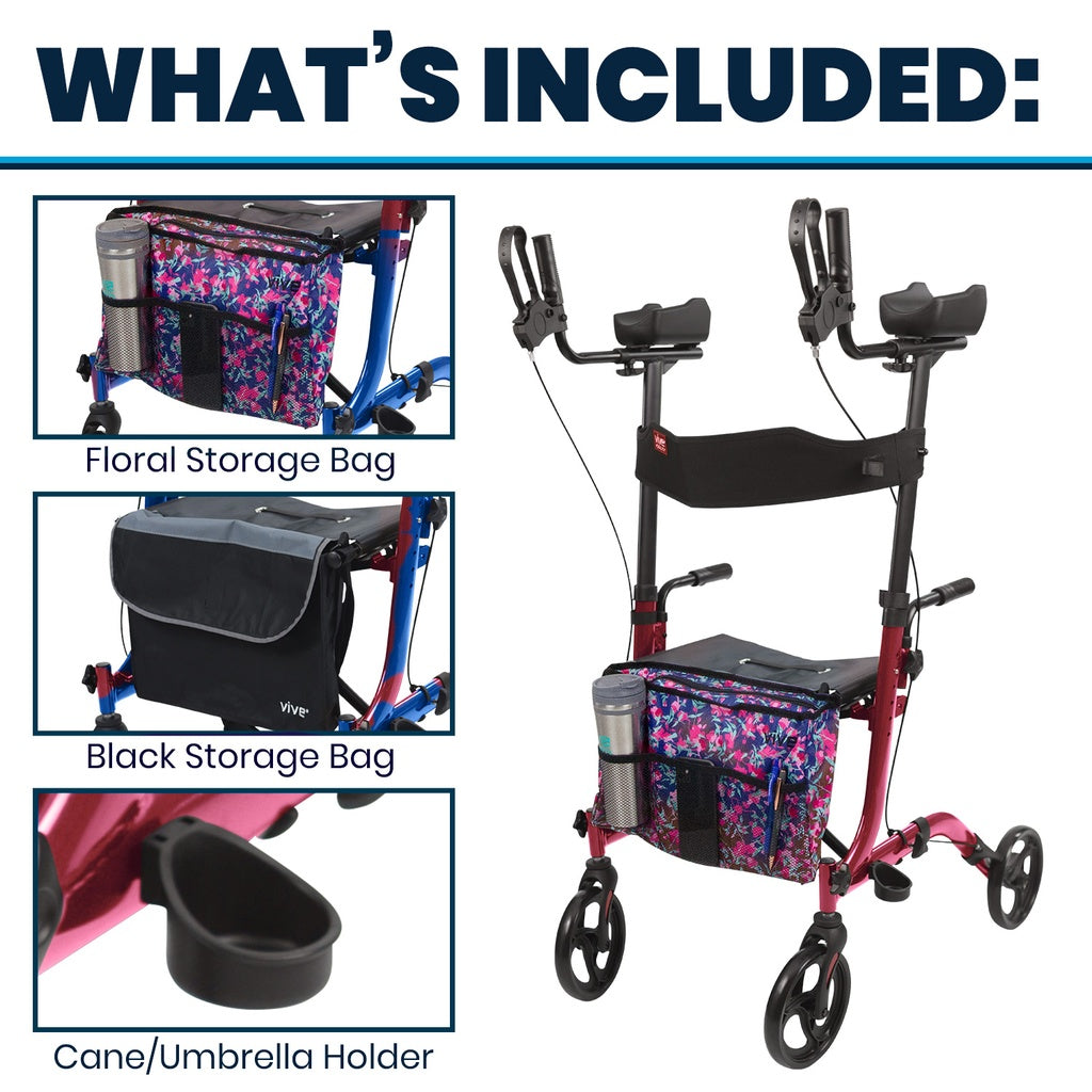 Roller walker with storage bags and cane/umbrella holder on a white background