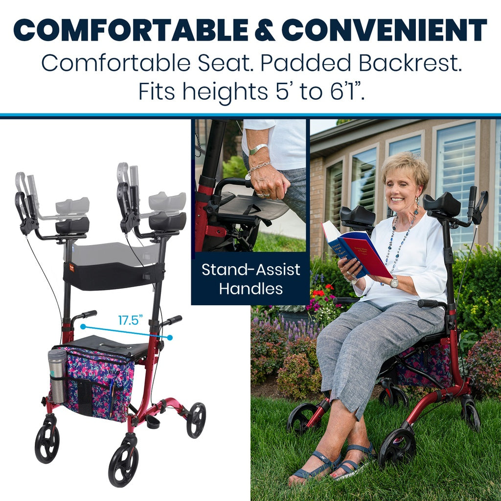 Rollator with stand-assist handles, comfortable seat, and padded backrest, suitable for heights 5' to 61".
