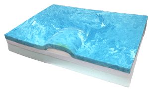Cross-sectional view of a blue foam mattress pad with visible layers.