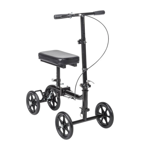 Black knee walker with a seat on a white background