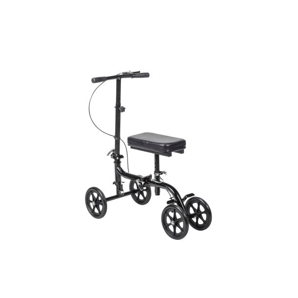 Black knee scooter with four wheels on a white background